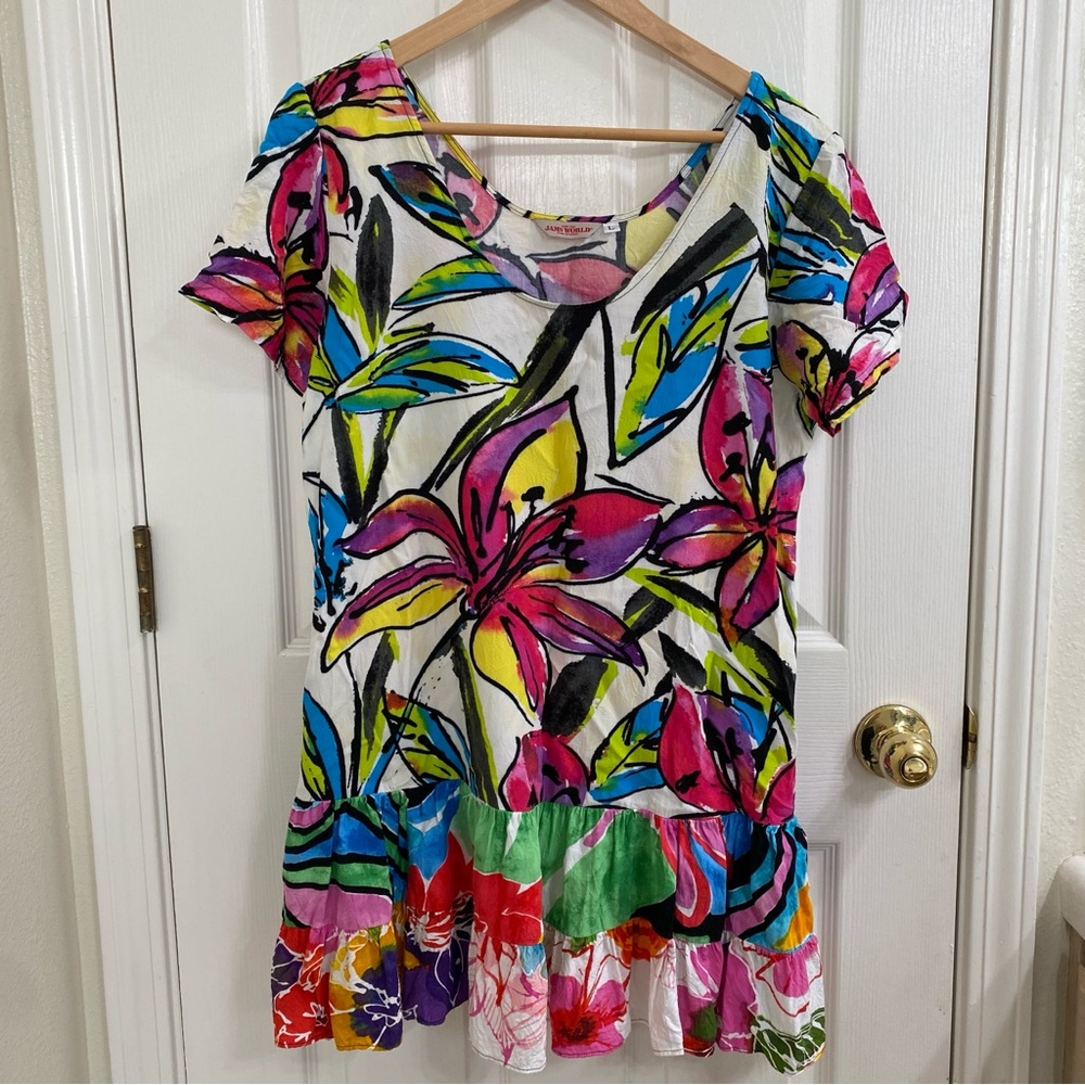 Vintage Jams World Hattie Dress Floral Ruffle Ruffles Mini Dress Rayon Size L